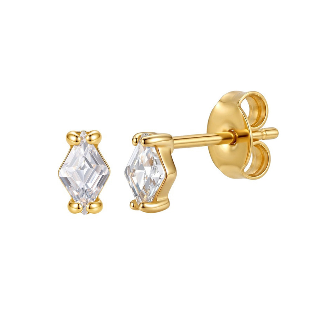 316 Stainless Steel Elongated Kite Cut Cubic Zirconia Stud Earrings, Four Prong Setting, Polished Smooth Silver Finish, Secure Ear Post and Butterfly Backs, Minimalist Sparkling Geometric Earrings for Women