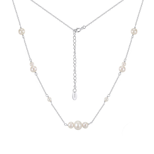 S925 Sterling Silver Dainty Station Freshwater Pearl Necklace, Multi-Size Creamy White Pearls with Gentle Natural Iridescent Luster