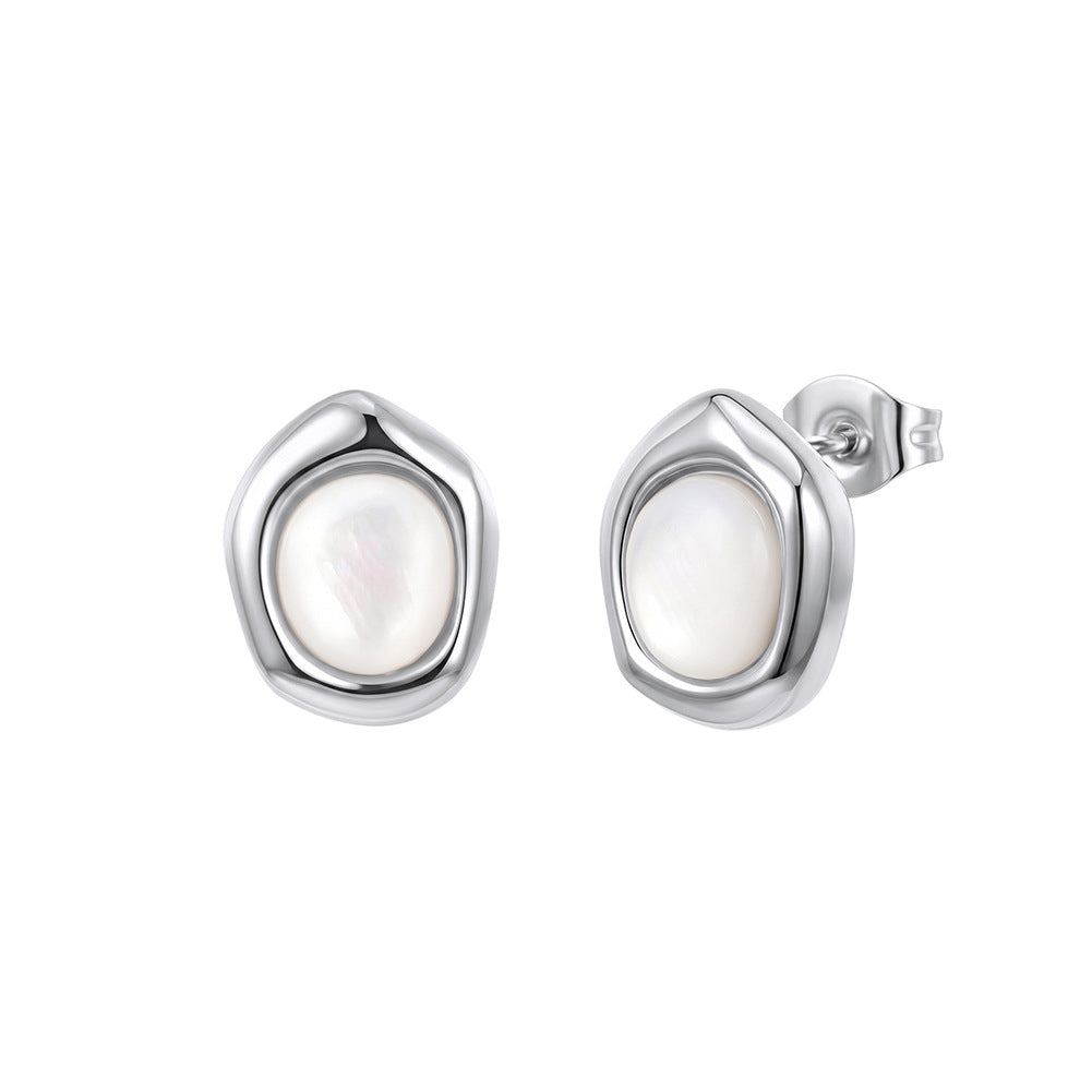 Stainless Steel Irregular Bezel White Shell Pearl Stud Earrings