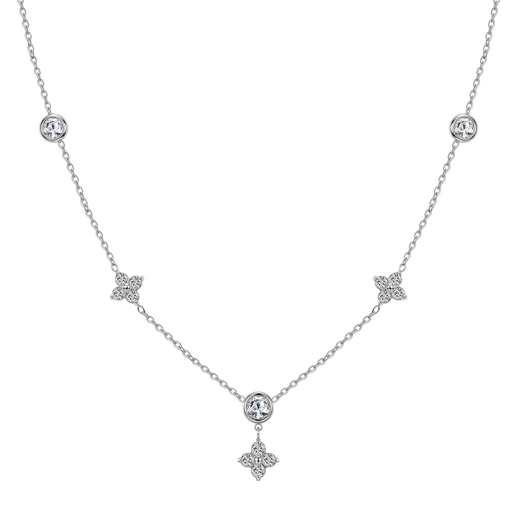 Stainless Steel Four Leaf Clover Station Necklace, Three Paved CZ Clover Charms and Round Bezel Set CZ Stations on Delicate Cable Chain
