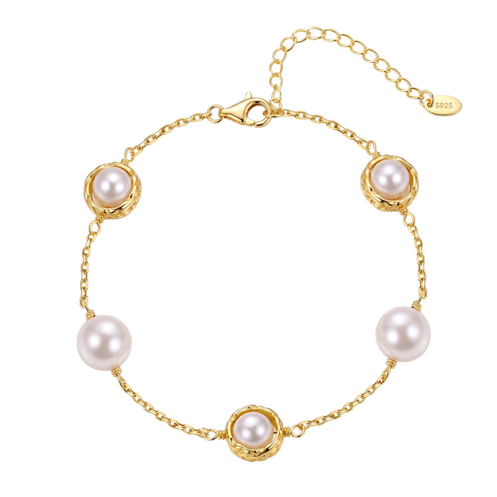 S925 Sterling Silver Station Pearl Bracelet, Large Glossy Round Pearls with Rich Luster Set in Textured Silver Bezel Frames