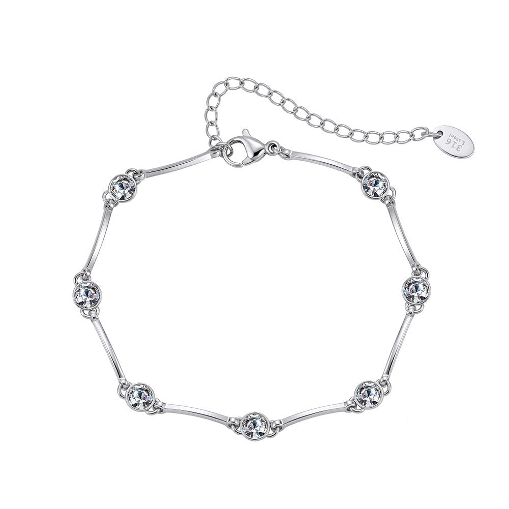 316 Stainless Steel Polished Curved Bar Bracelet with Bezel Set Round CZ Stones, 7 Sparkling Solitaire Cubic Zirconia, Adjustable Extension Chain and Lobster Clasp for Women