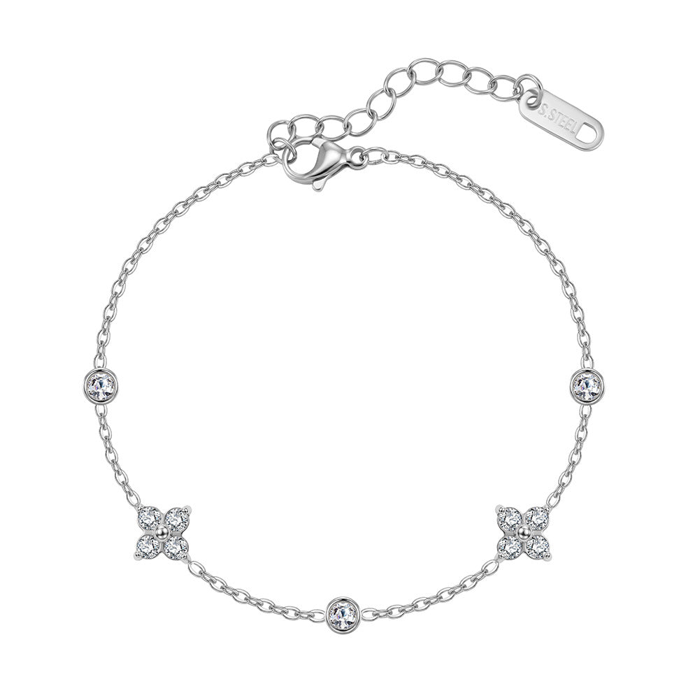 Stainless Steel Dainty Four Leaf Clover CZ Bracelet, Thin Cable Chain with Round Zirconia Accent Bracelet