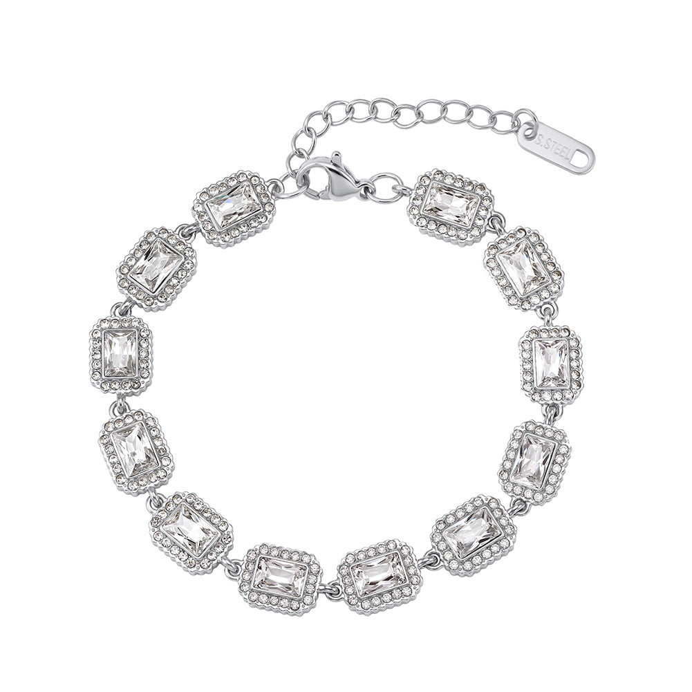 Stainless Steel Rectangle CZ Halo Link Bracelet, Emerald Cut Clear Cubic Zirconia Station Adjustable Bracelet