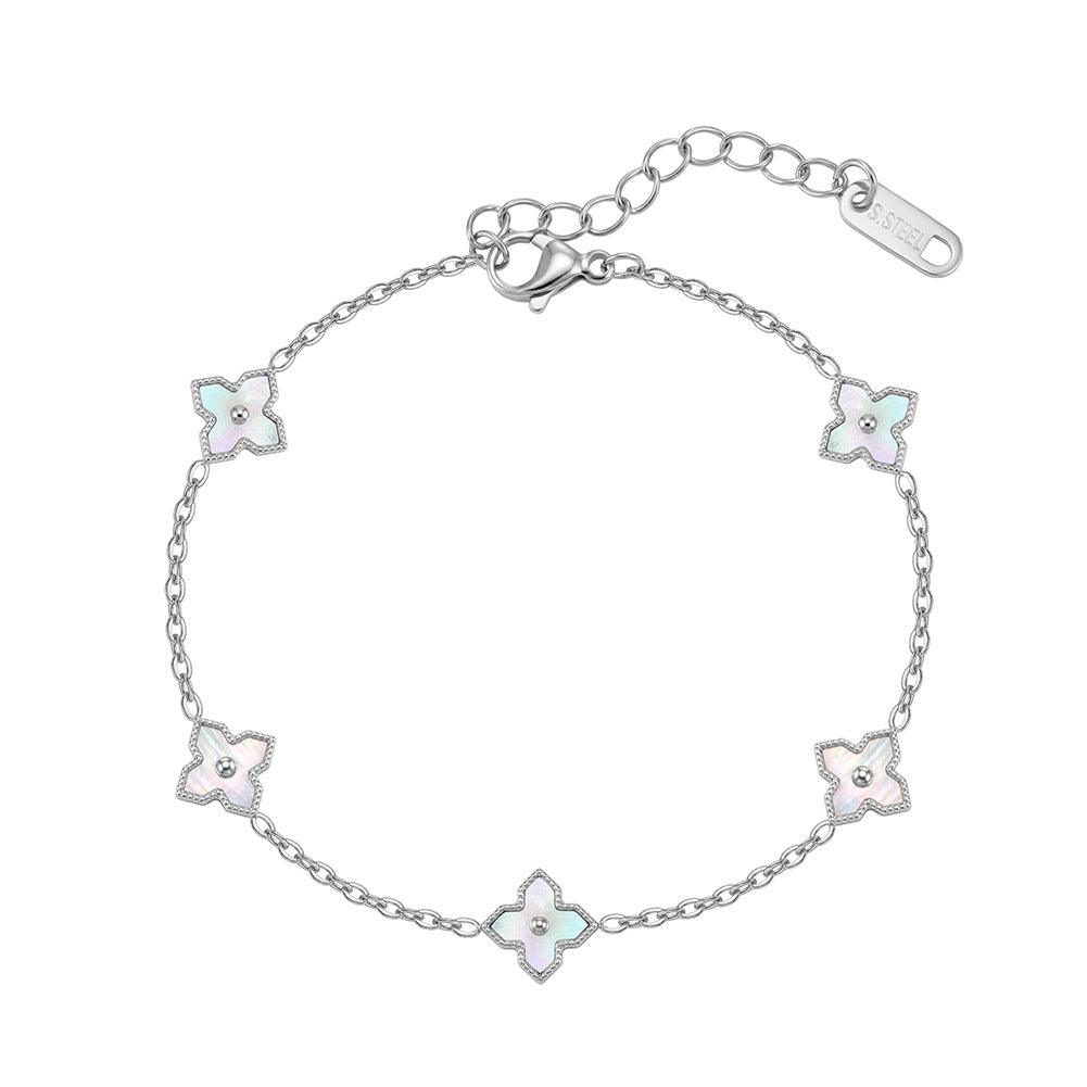 Stainless Steel Four Leaf Clover Bracelet, Iridescent Mother of Pearl Inlay Clover Station Dainty Chain Bracelet