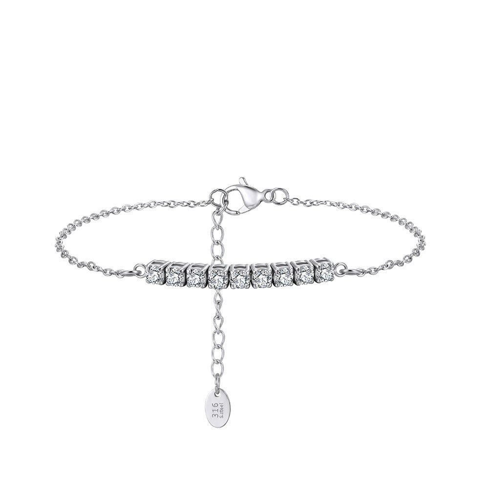 316 Stainless Steel Dainty Thin Cable Chain Bracelet, Horizontal Row of Nine Square Bezel Set CZ Crystals, Sparkling Stackable Design with Adjustable Extender and Engraved 316 Tag
