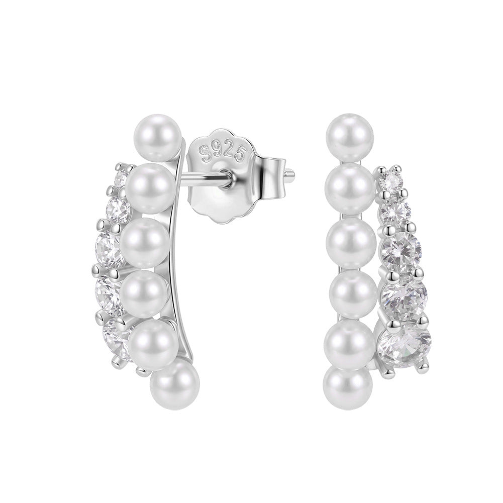 S925 Sterling Silver Curved Cuff Stud Earrings, Lustrous Round Pearls with Soft Natural Luster Paired with Graduated Sparkling Cubic Zirconia