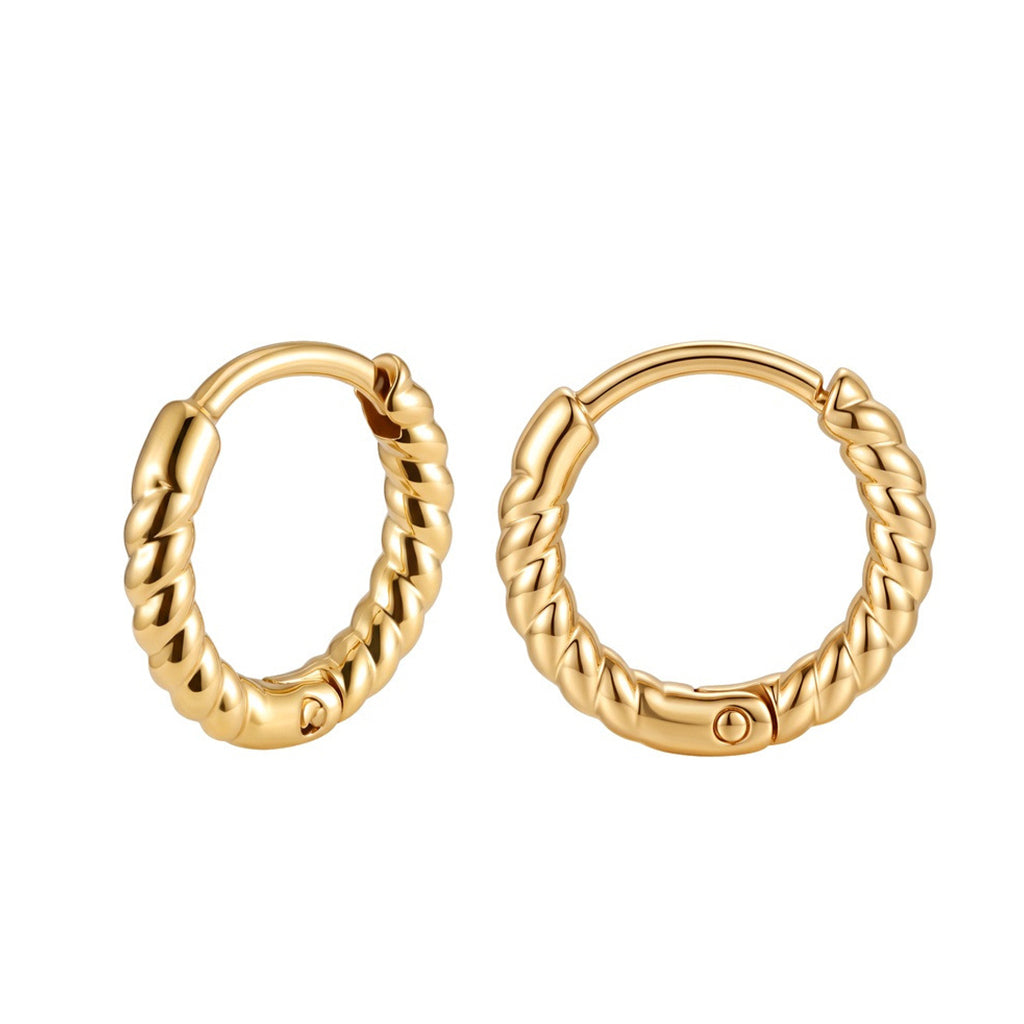 316 Stainless Steel Twisted Rope Texture Huggie Hoop Earrings, Thick Round Twisted Design, Polished Shiny Silver Surface, Snap Hinged Closure, Dainty Stackable Minimalist Hoop Earrings