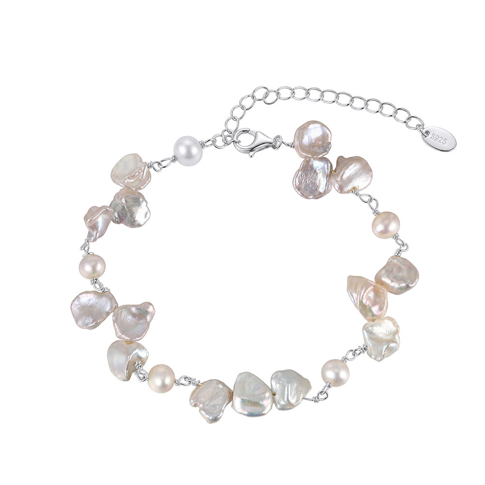 S925 Sterling Silver Keshi Baroque Pearl Bracelet, Irregular Petal-Shaped Freshwater Pearls with Colorful Rainbow Orient Luster