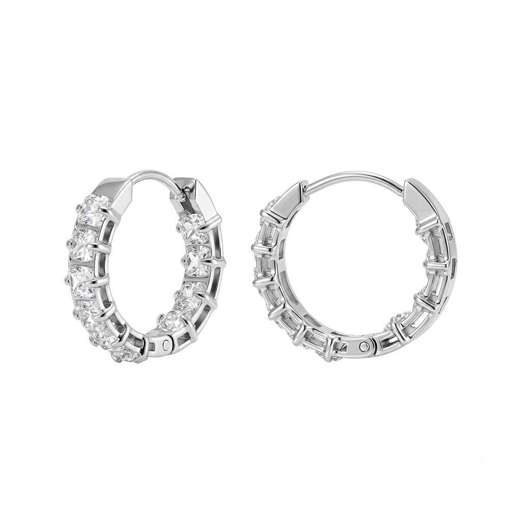 316 Stainless Steel Square Cut CZ Paved Huggie Hoop Earrings, Full Outer Row of Princess Cut Cubic Zirconia, Open Hollow Frame Structure, Hinged Snap Closure, Luxe Sparkling Stackable Hoop Earrings