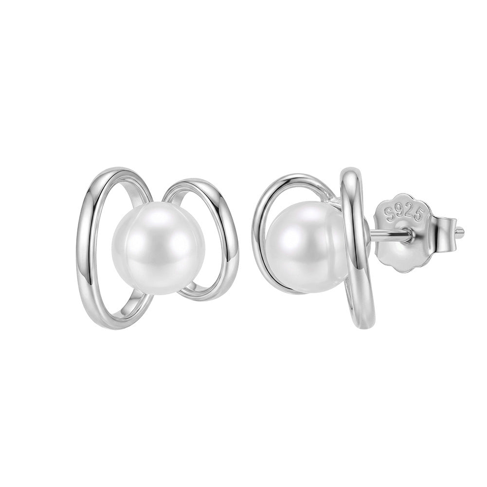S925 Sterling Silver Double Ring Pearl Stud Earrings, Single Round Pearl with Glossy Even Luster Wrapped by Interlocking Polished Silver Rings
