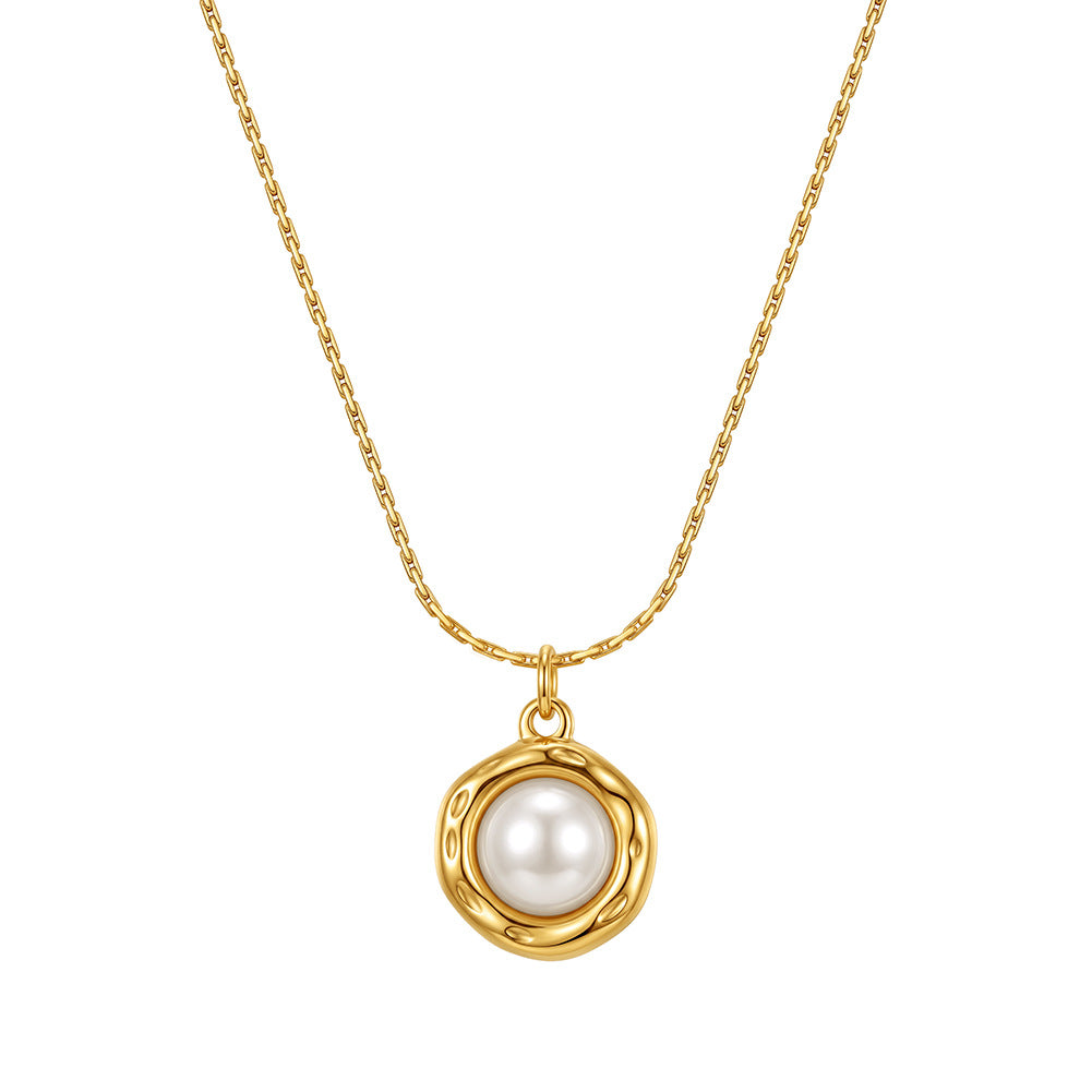 Stainless Steel Round Pearl Pendant Necklace, Smooth Lustrous Round Pearl with Soft Creamy Orient Set in Irregular Hammered Silver Frame