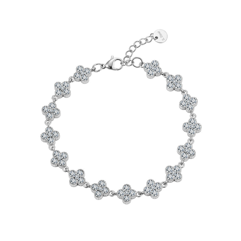 Stainless Steel Pave CZ Four Leaf Clover Bracelet, Full Paved Clear Zirconia Clover Station Bracelet