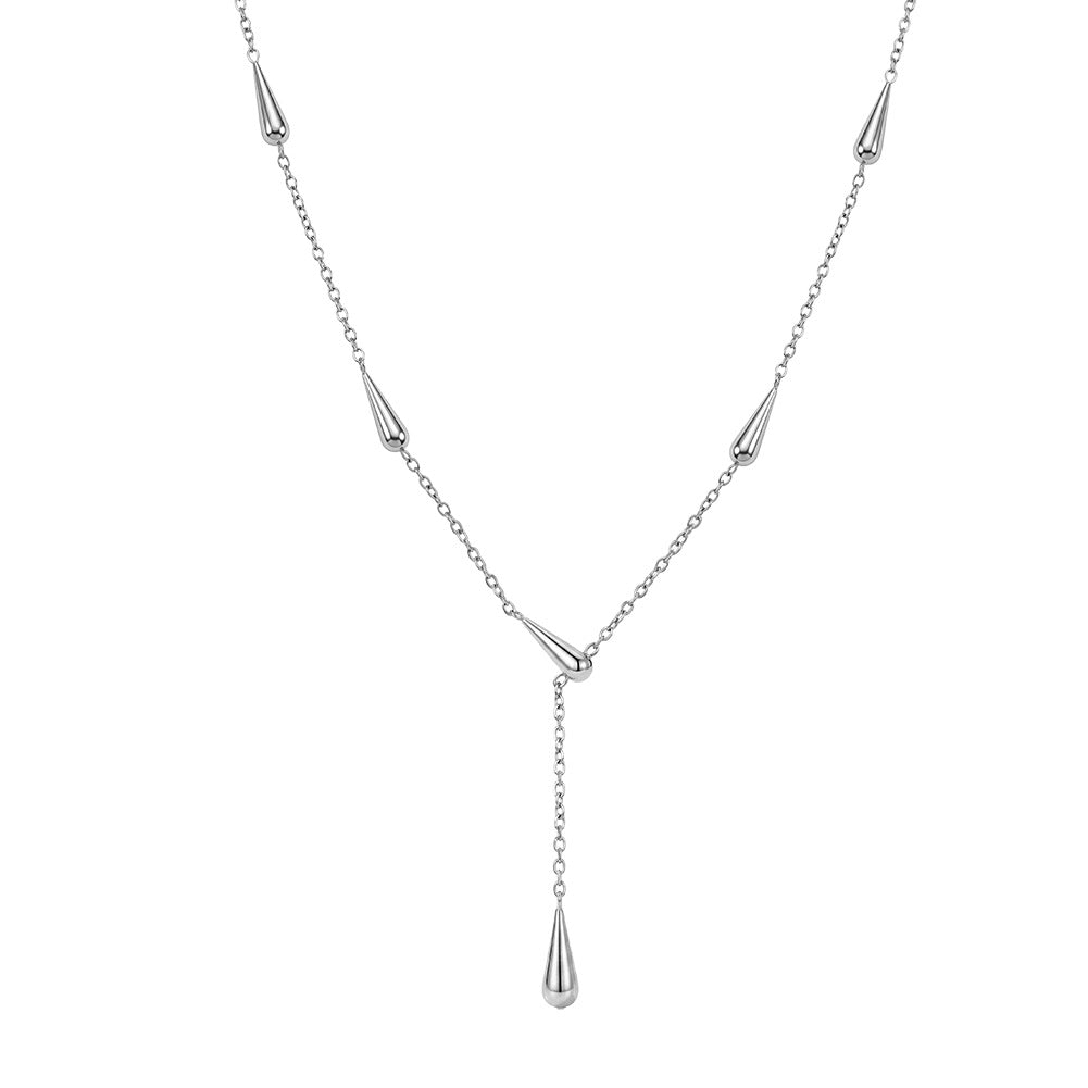 Stainless Steel Teardrop Y Drop Necklace, Multi Polished Teardrop Charms Station Y-Shaped Pendant Necklace on Dainty Cable Chain