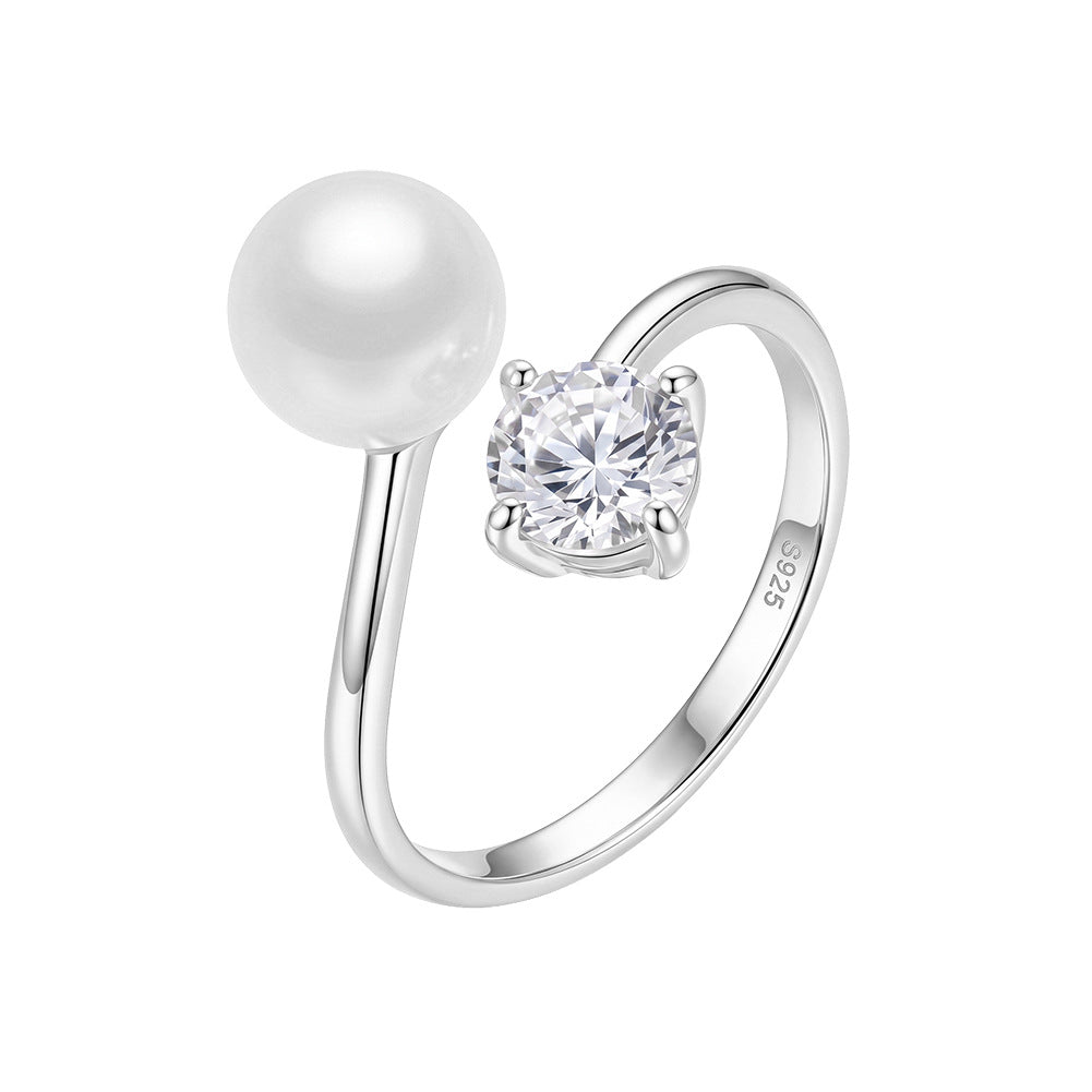 S925 Sterling Silver Open Cuff Ring, Big Smooth Round Pearl with Gentle Silky Luster and Single Brilliant Round Cut Zircon Accent