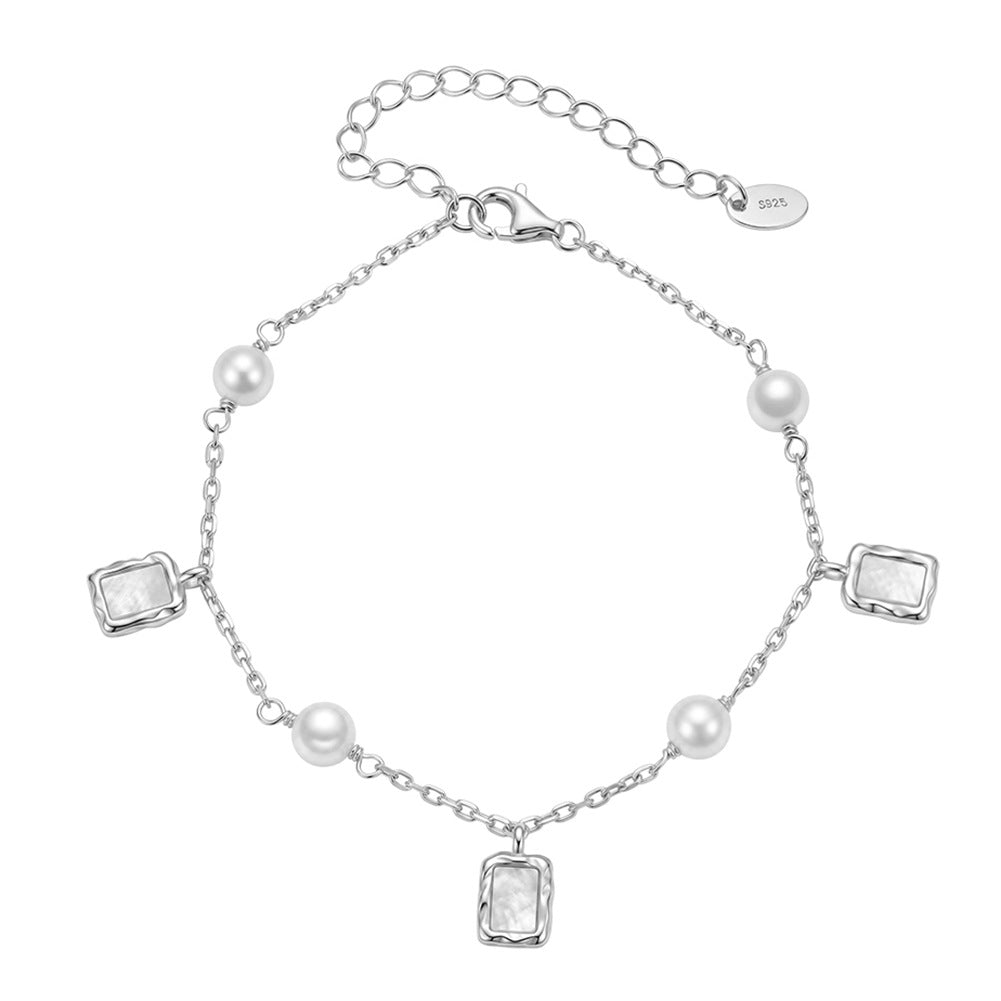 S925 Sterling Silver Bracelet, Round Lustrous Freshwater Pearls with Soft Natural Sheen and Square Mother-of-Pearl Charms