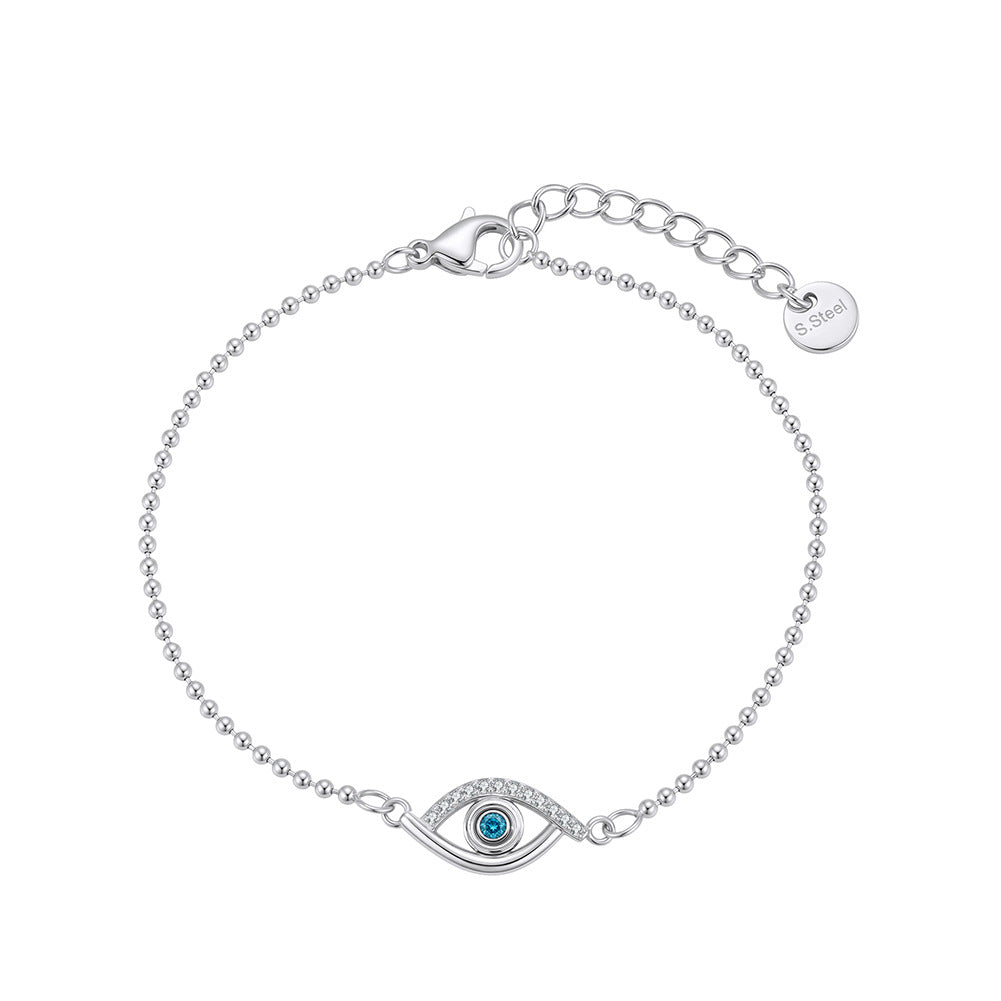 Stainless Steel Beaded Ball Chain Evil Eye Bracelet, Sparkling Blue CZ Eye Charm Delicate Bracelet
