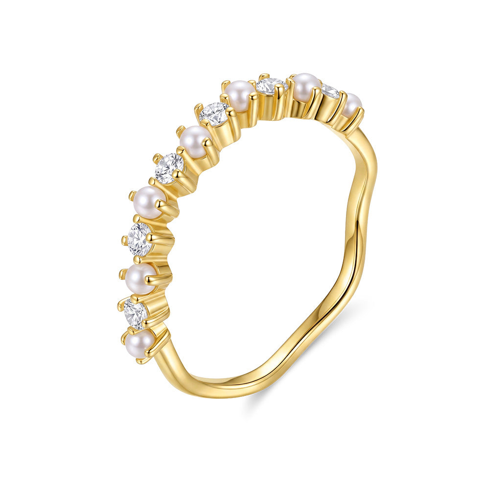 S925 Sterling Silver Wave Band Ring, Lustrous Round Freshwater Pearls with Soft Natural Sheen Alternating with Sparkling Cubic Zirconia