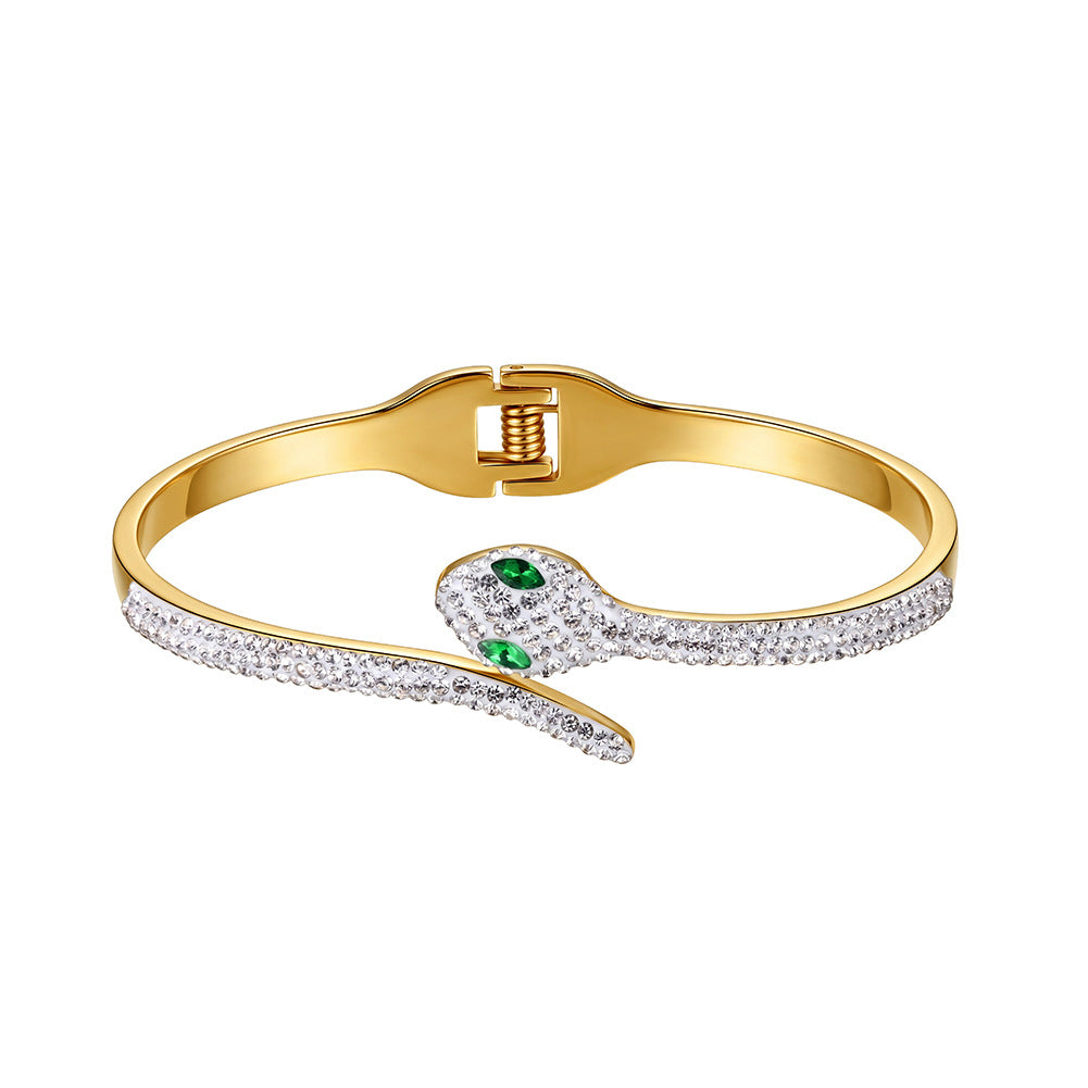 Stainless Steel Silver Snake Bangle Bracelet Paved with Clear CZ and Green CZ Eyes