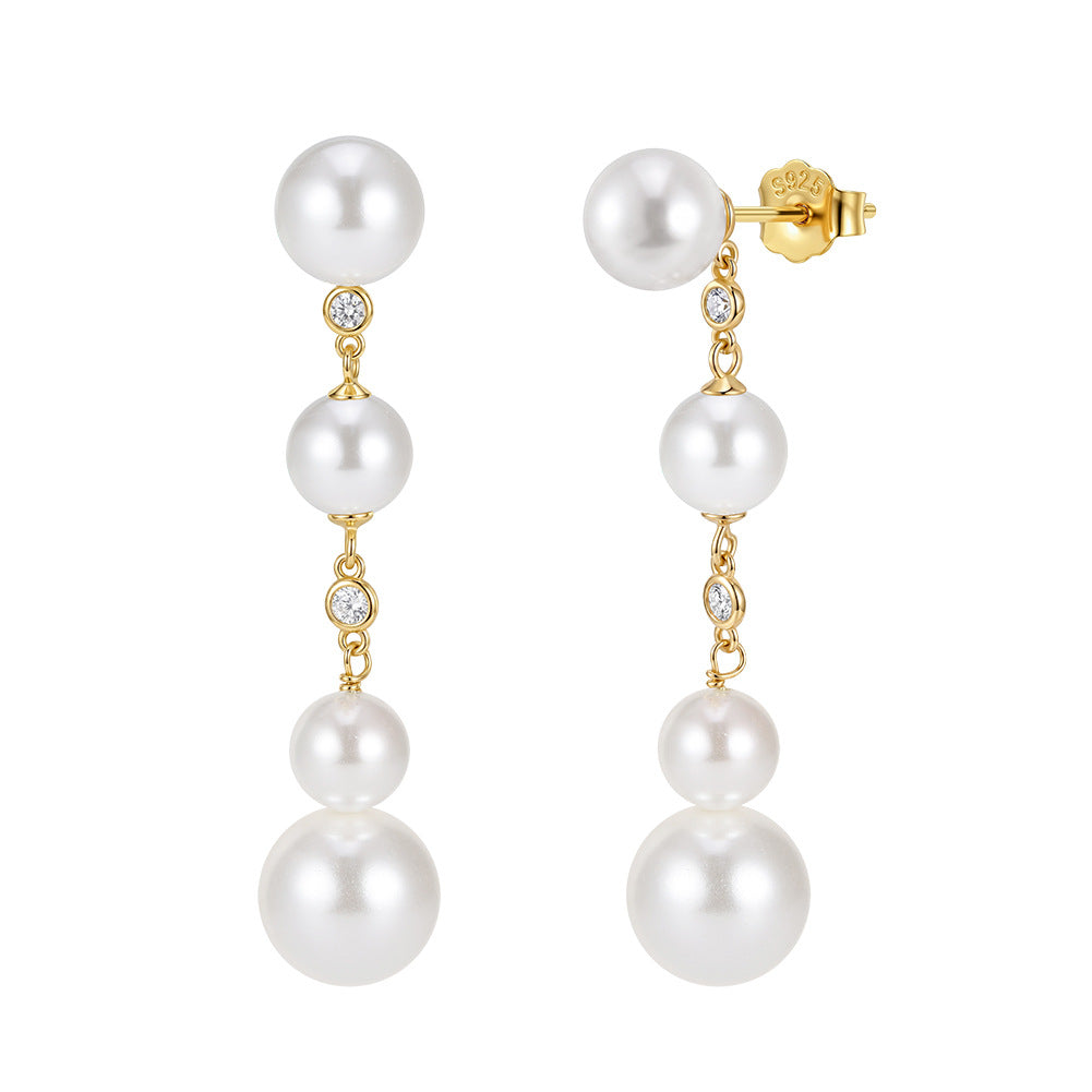 S925 Sterling Silver Layered Pearl Dangle Stud Earrings, Graduated Round Pearls with Gentle Sheen Linked by Tiny Round Cubic Zirconia Accents