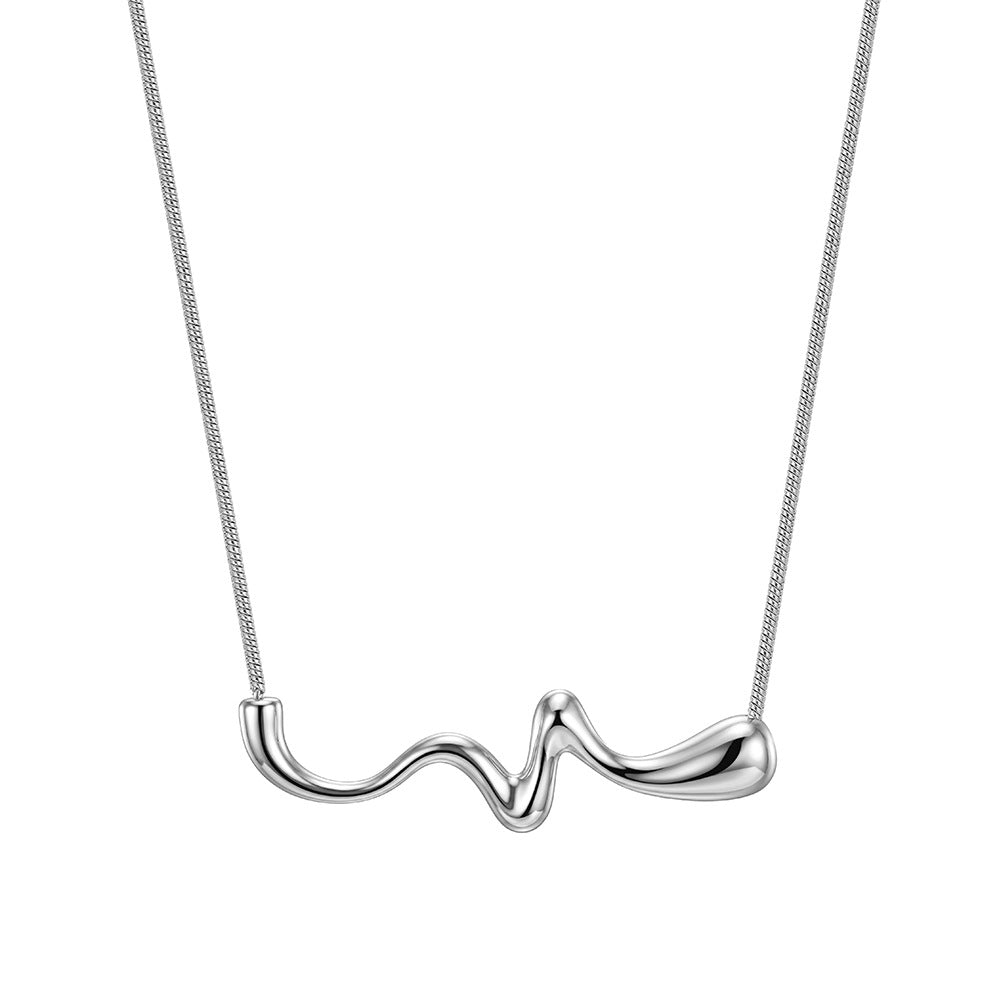 Stainless Steel Wavy Curve Pendant Necklace, Smooth Polished Abstract Wave Shape Bar, Sleek Thin Snake Chain Minimalist Necklace