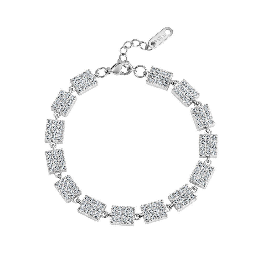 Stainless Steel Pave Square CZ Link Bracelet, Fully Paved Square Clear Cubic Zirconia Adjustable Bracelet