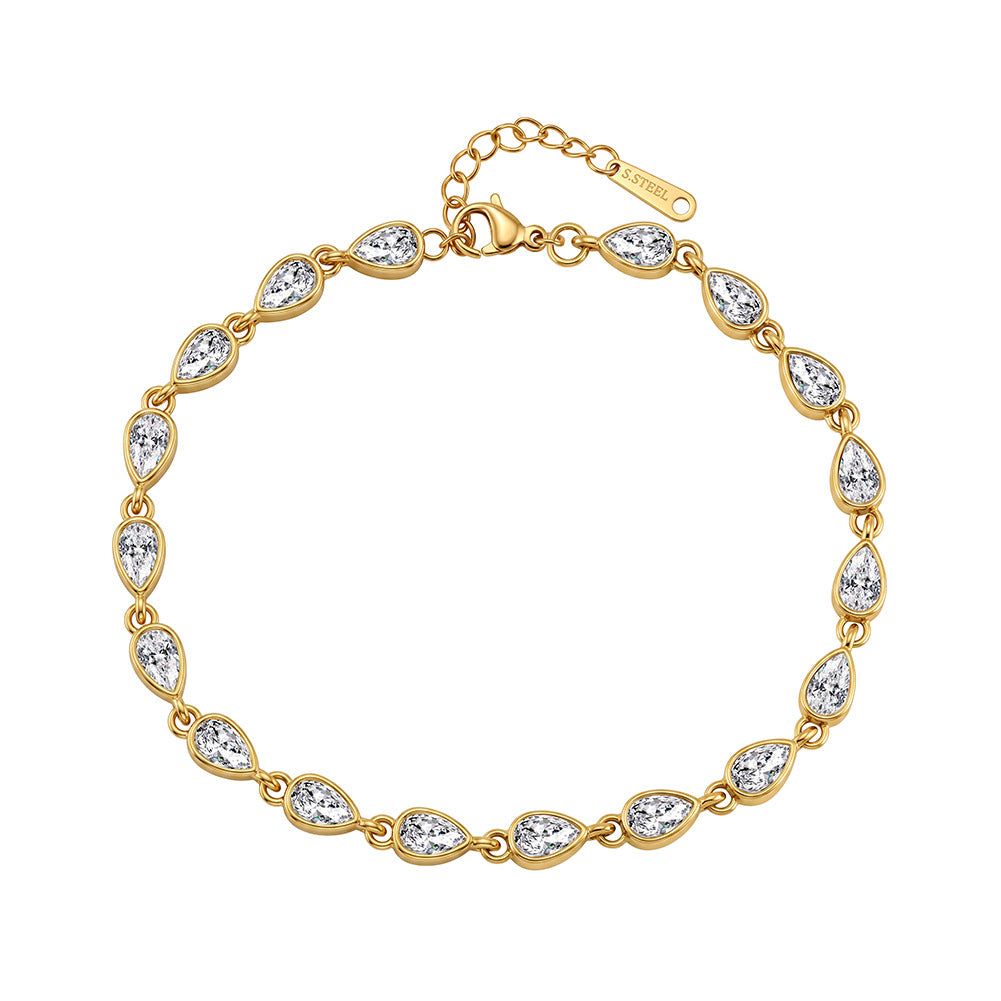 Stainless Steel Teardrop CZ Tennis Bracelet, Bezel Set Clear Teardrop Cubic Zirconia Linked Bracelet