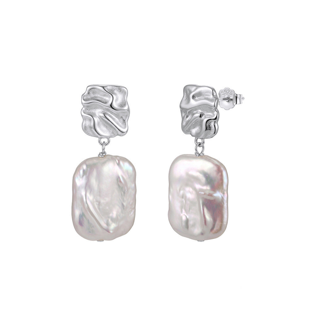 S925 Sterling Silver Textured Square Baroque Pearl Earrings, Large Rectangular Baroque Pearl with Vibrant Rainbow Luster