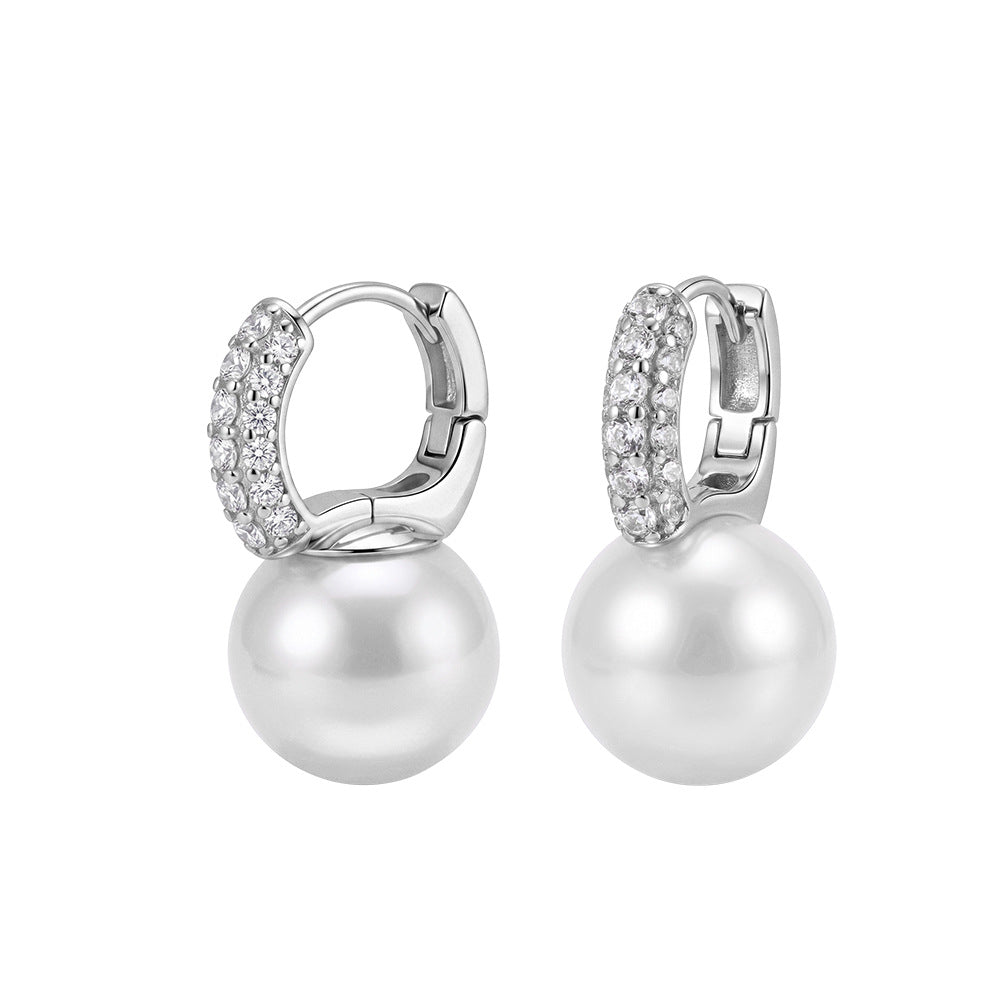 S925 Sterling Silver Huggie Hoop Pearl Earrings, Big Smooth Round Pearl with Bright Silky Luster Dangling from Pave Zircon Hoop
