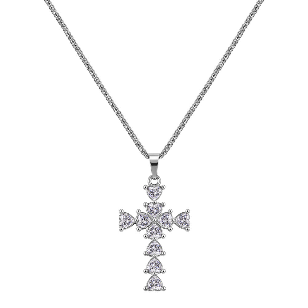 Stainless Steel Heart Cut CZ Cross Pendant Necklace, Sparkling Heart Cubic Zirconia Cross Charm on Thick Wheat Chain