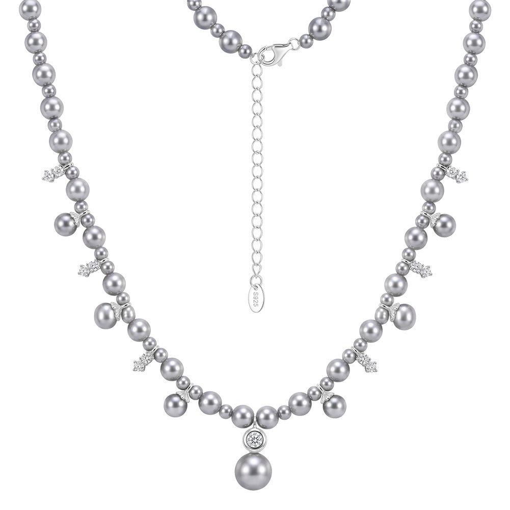 S925 Sterling Silver Graduated Grey Pearl Choker Necklace, Multi-Size Round Grey Pearls with Subtle Shimmer Accented with Tiny Sparkling Zircon