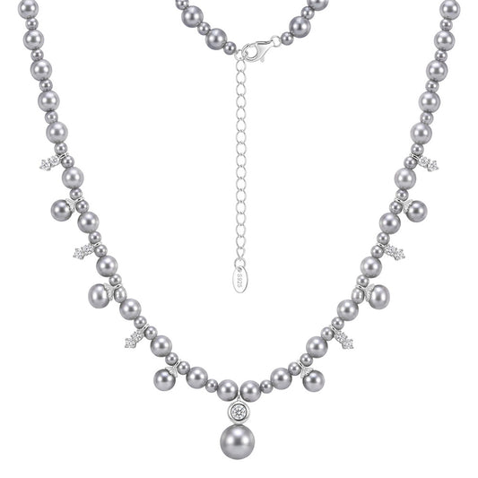 S925 Sterling Silver Graduated Grey Pearl Choker Necklace, Multi-Size Round Grey Pearls with Subtle Shimmer Accented with Tiny Sparkling Zircon