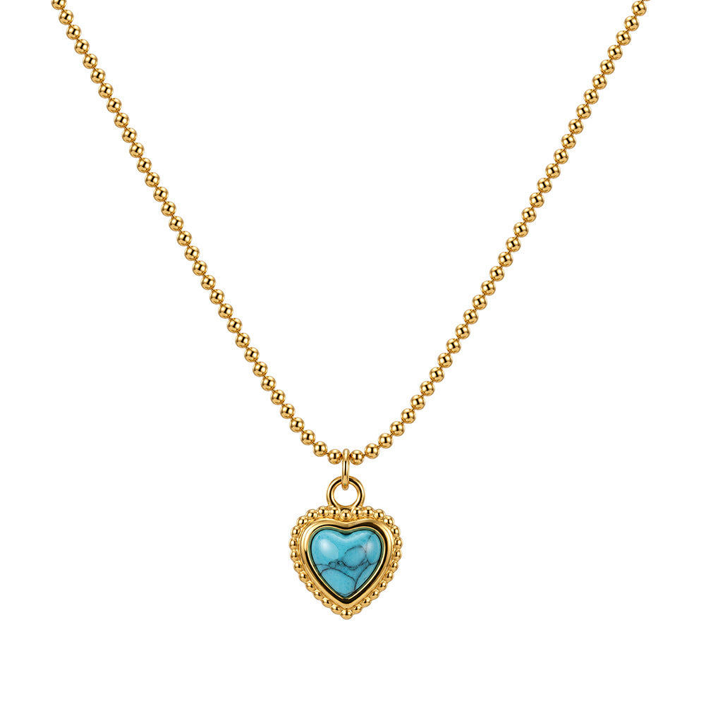 Stainless Steel Heart Turquoise Beaded Ball Chain Necklace, Heart Shaped Turquoise Stone with Natural Cracked Texture and Beaded Silver Border