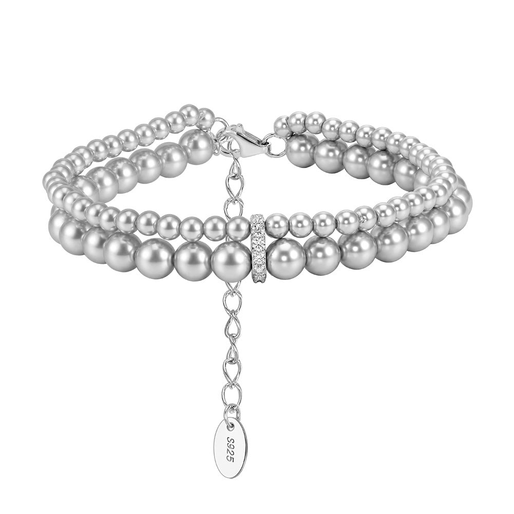 S925 Sterling Silver Multi-Layer Grey Pearl Bracelet, Graduated Round Grey Pearls with Silky Gray Shimmer Accented with Sparkling Zircon