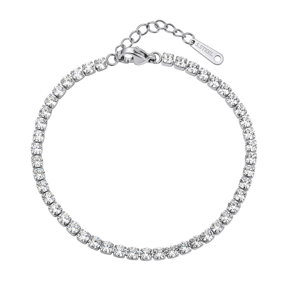 Stainless Steel Round CZ Tennis Bracelet, Prong Set Clear Cubic Zirconia Adjustable Sparkling Bracelet