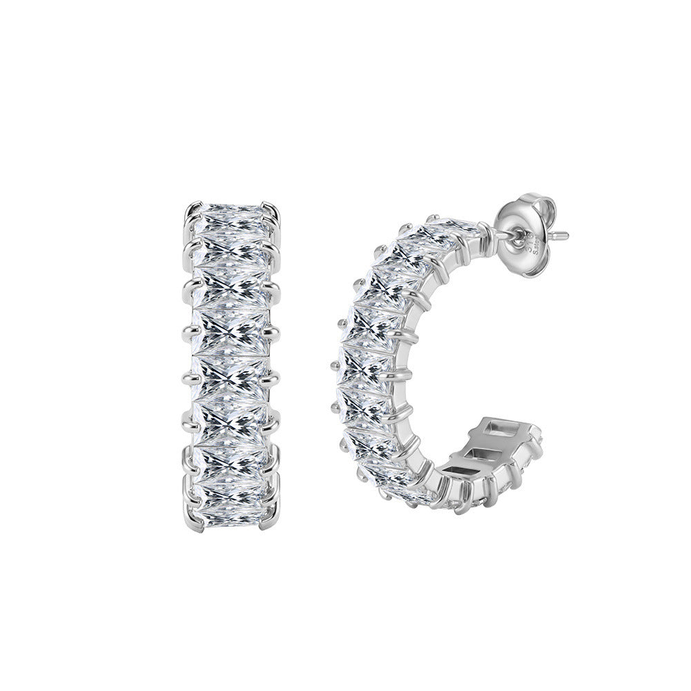 316 Stainless Steel C-shaped Half Hoop Stud Earrings, Full Paved Horizontal Baguette Cut Cubic Zirconia, Prong Setting, Secure Butterfly Backs, Glamour Sparkling Statement Earrings