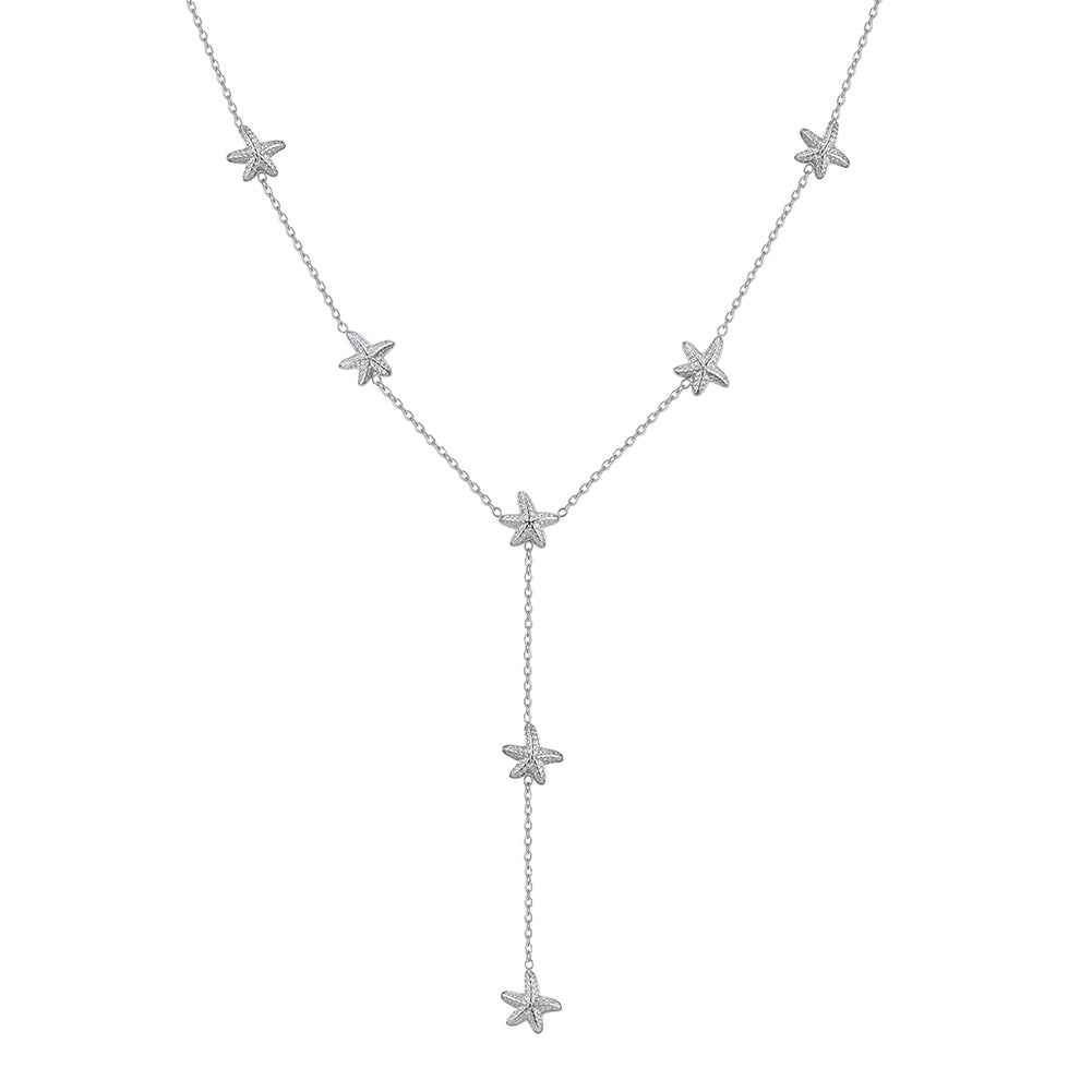 Stainless Steel Starfish Y Drop Necklace, Multi Paved CZ Starfish Charms on Dainty Cable Chain, Beach Inspired Layered Y Pendant Necklace