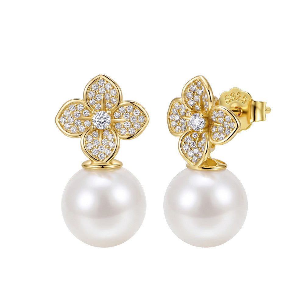 S925 Sterling Silver Flower Pearl Drop Earrings, Large Glossy Round Pearl with Rich Creamy Iridescent Luster Under Pave Zircon Four-Leaf Flower Top