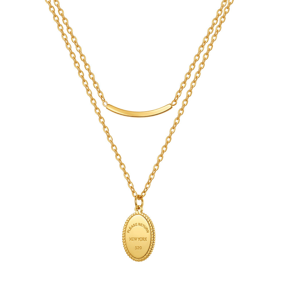 Stainless Steel Double Layer Curved Bar Oval Tag Necklace, Stackable Two-Row Chain with Smooth Curved Bar and Engraved Oval Rope Edge Pendant