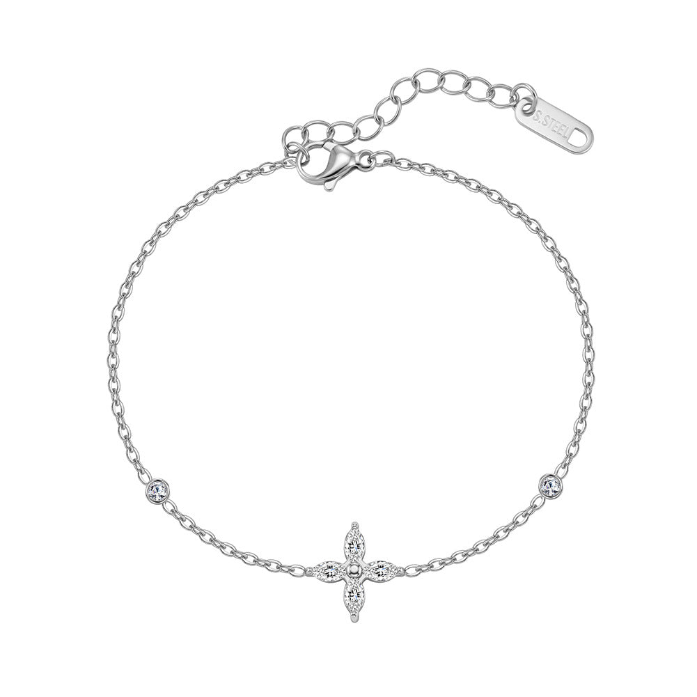 Stainless Steel Pave Four-Point Star CZ Bracelet, Minimalist Thin Chain with Round Zirconia Station Bracelet