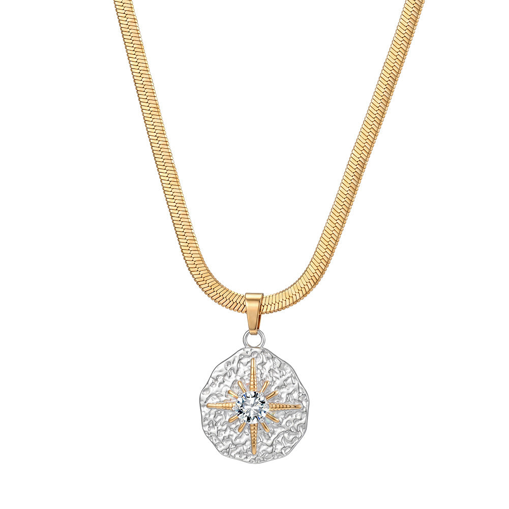 Stainless Steel Two-Tone North Star Medallion Necklace, Hammered Textured Round Disc Pendant with Gold Accent Star and Central CZ, Flat Snake Chain