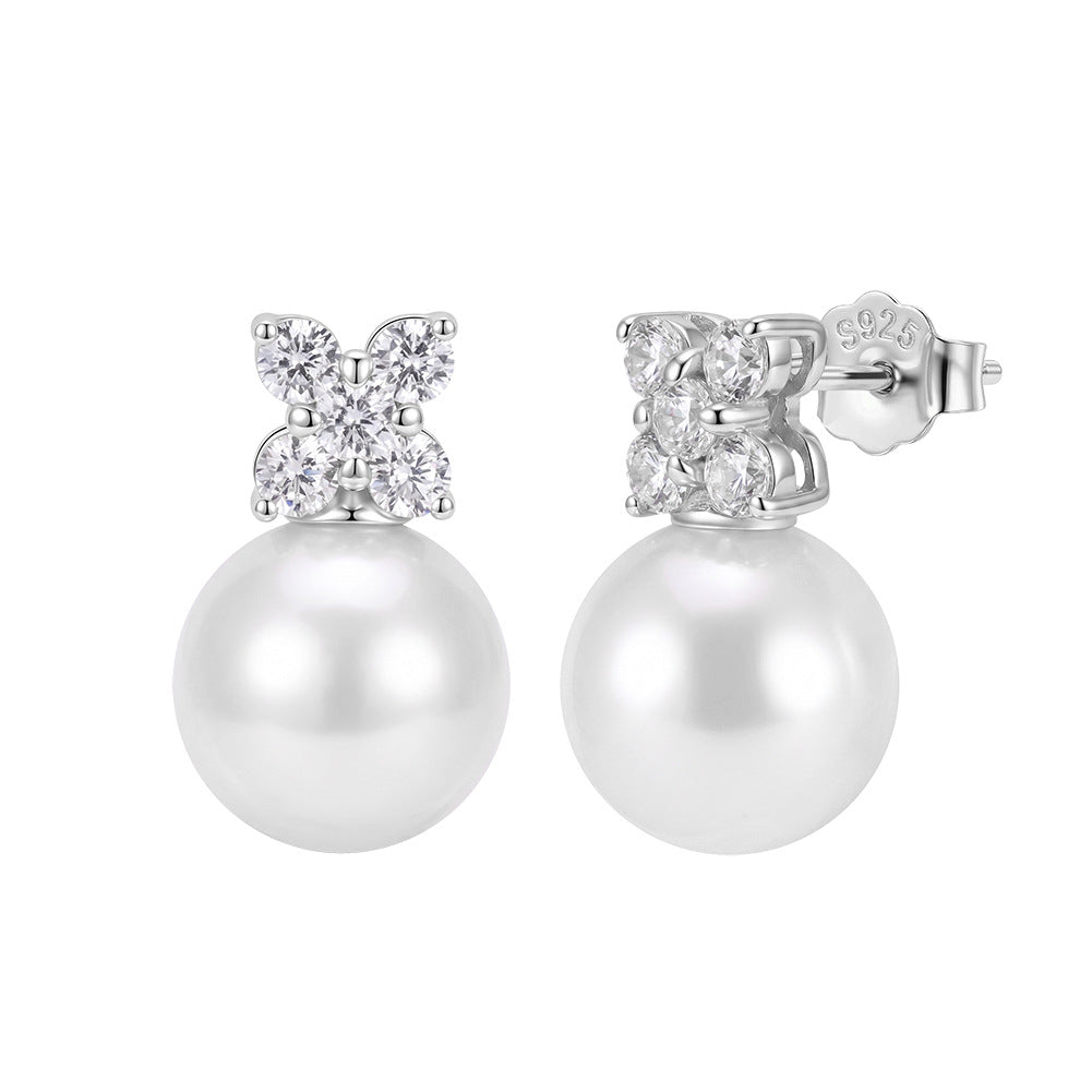 S925 Sterling Silver Four CZ Flower Pearl Stud Earrings, Large Round Pearl with Bright Glossy Iridescent Luster