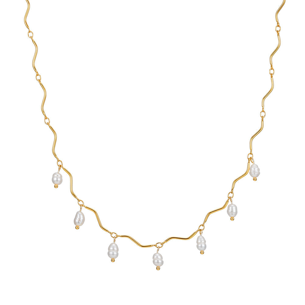 S925 Sterling Silver Wavy Chain Choker Necklace, Dainty Cascading Baroque Freshwater Pearl Drop Charms with Natural Iridescent Luster