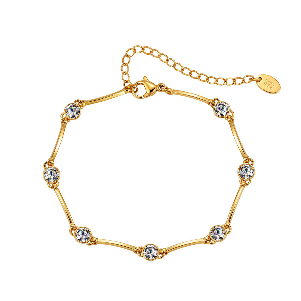 316 Stainless Steel Polished Curved Bar Bracelet with Bezel Set Round CZ Stones, 7 Sparkling Solitaire Cubic Zirconia, Adjustable Extension Chain and Lobster Clasp for Women