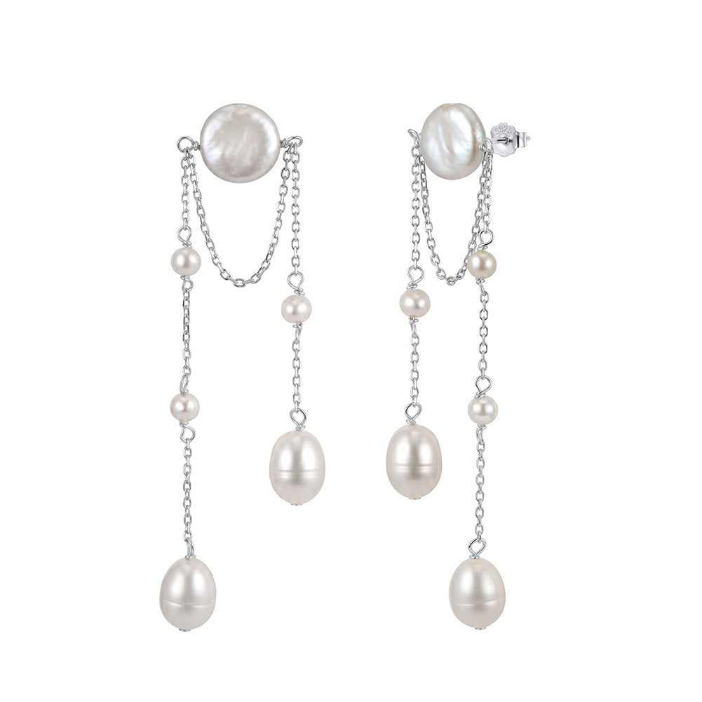 S925 Sterling Silver Tassel Chain Layered Pearl Earrings, Coin Pearl and Graduated Oval Pearls with Smooth Glossy Pearl Surface