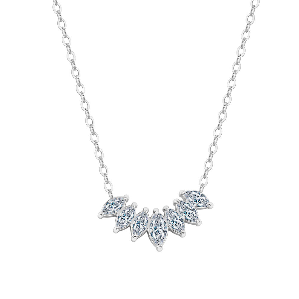 Stainless Steel Marquise CZ Curve Necklace, Six Sparkling Marquise Cut Cubic Zirconia Arranged in V-Shape Pendant, Dainty Link Chain