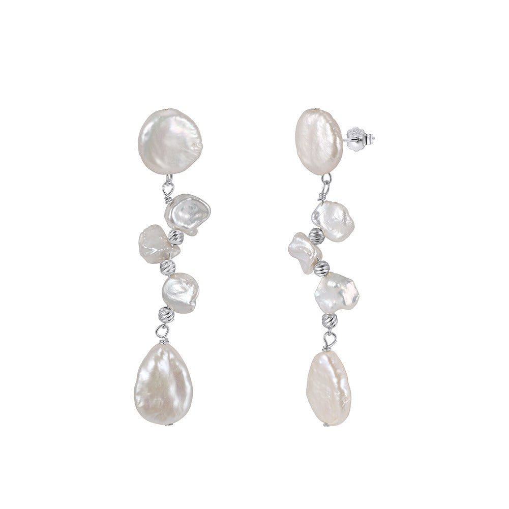 S925 Sterling Silver Cascading Keshi Pearl Long Drop Earrings, Stacked Petal Keshi Pearls and Teardrop Baroque Pearl with Gentle Lustre