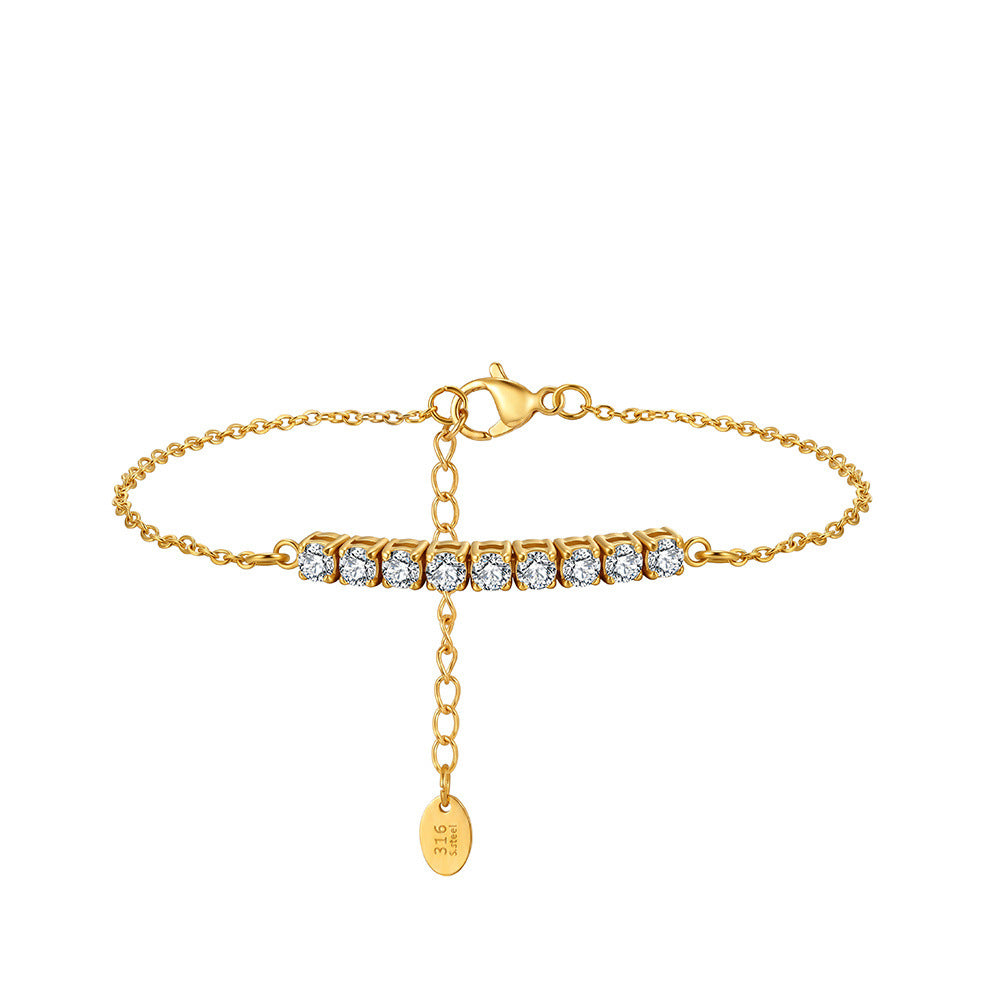316 Stainless Steel Dainty Thin Cable Chain Bracelet, Horizontal Row of Nine Square Bezel Set CZ Crystals, Sparkling Stackable Design with Adjustable Extender and Engraved 316 Tag