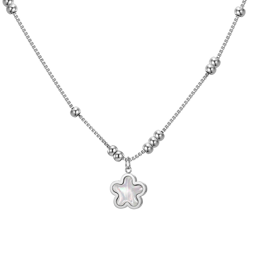 Stainless Steel Flower Mother of Pearl Box Chain Necklace, Five-Petal Flower Pendant with Shimmering Iridescent Mother of Pearl Inlay