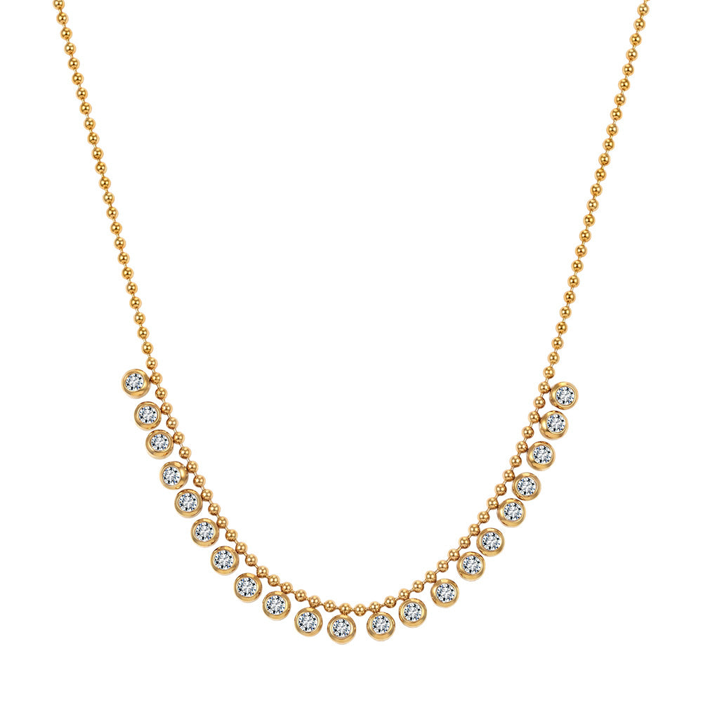 Stainless Steel Beaded CZ Station Necklace, Graduated Round Bezel Set Clear Cubic Zirconia on Fine Ball Chain, Sparkling Curved Choker
